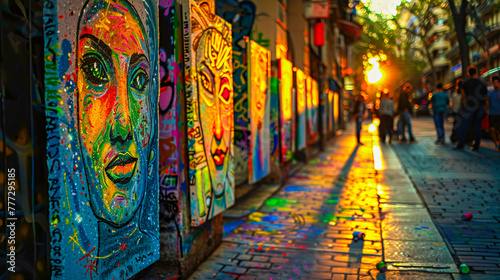 Urban Street Art and Graffiti, Colorful Alleyway Exploration, City Culture and Vibe photo