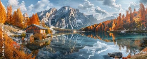 A panoramic view of the Dolomites in autumn, with vibrant orange and red trees around Lakefashion photography, natural lighting