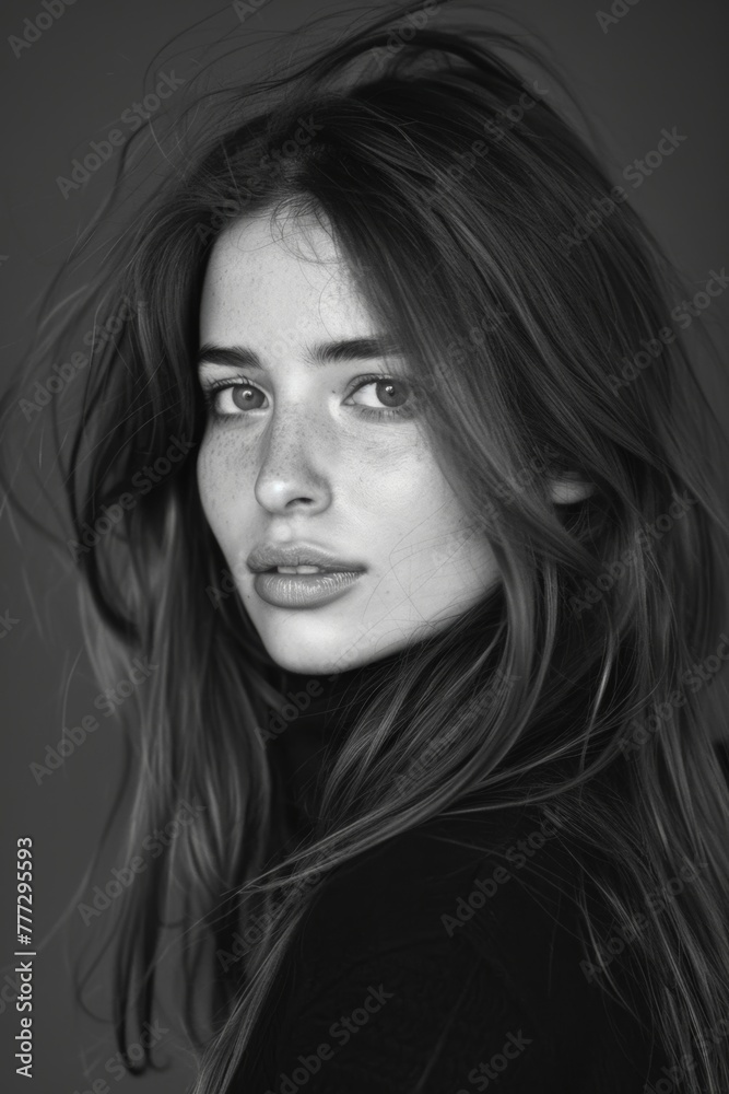 portrait of a beautiful woman with a long hair, black and white, 