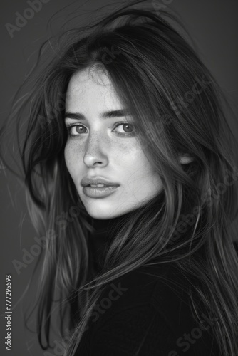 portrait of a beautiful woman with a long hair, black and white, 