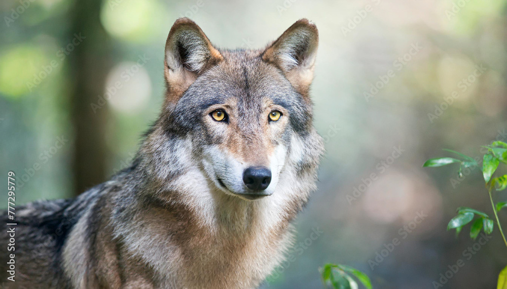 Staring into the yellow ember eyes of a male wolf animal portrait and wild life conservatory