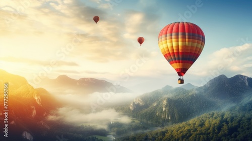 Hot air balloon over a field and a beautiful landscape with blue sky, travel and joy of life © VIK