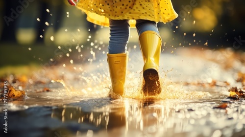 Close-up of kid wearing yellow rain boots and walking during sleet, rain and snow on cold day. Child in colorful fashion casual clothes jumping in a puddle. Having fun outdoors.