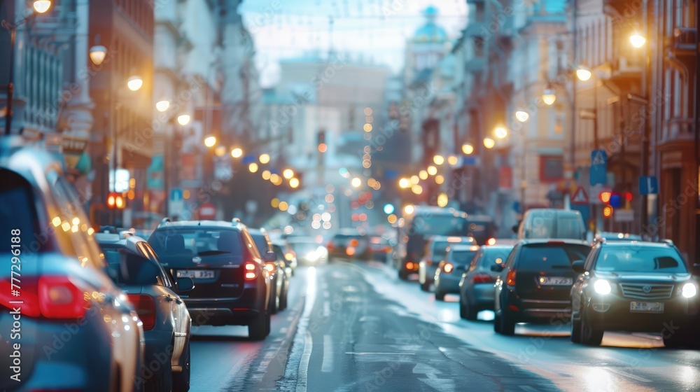 Urban cityscape with blurry cars and buildings in the background, busy street scene. High quality photo