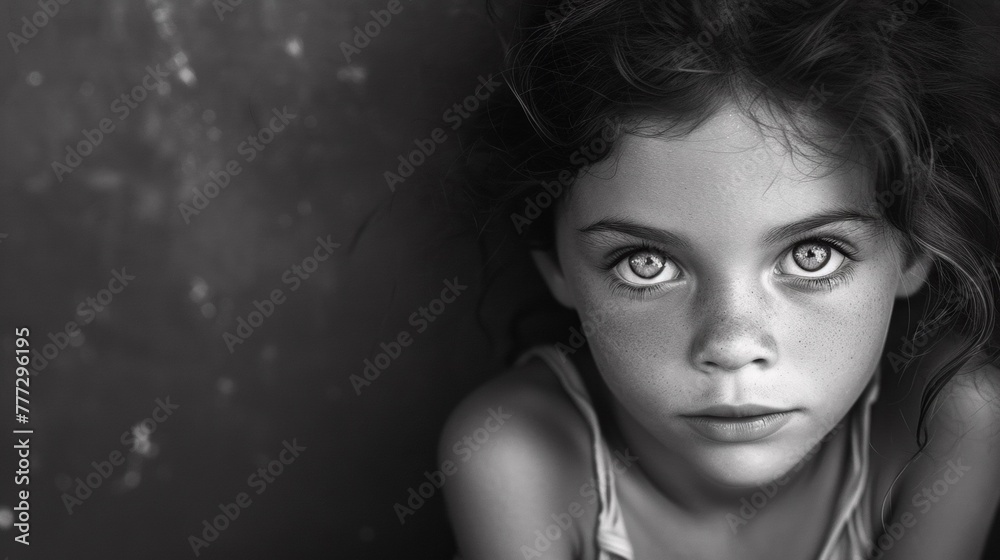 A close up of a young girl with big eyes staring at the camera, AI