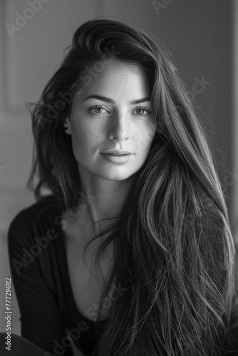 portrait of a beautiful woman with a long hair, black and white, r © Nica