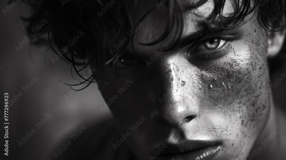 A close up of a man with freckles and wet hair, AI A close up of a man with freckles and wet hair, AI