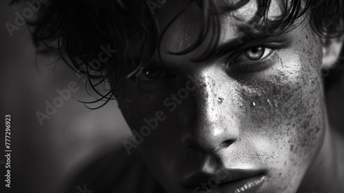 A close up of a man with freckles and wet hair, AI