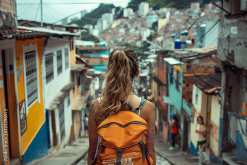 A girl with a backpack travels through the streets of the old city, visiting poor neighbourhoods