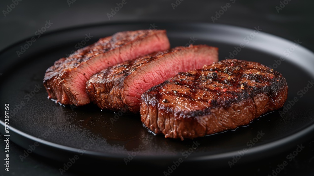 A close up of a steak on top of a black plate, AI A close up of a steak on top of a black plate, AI