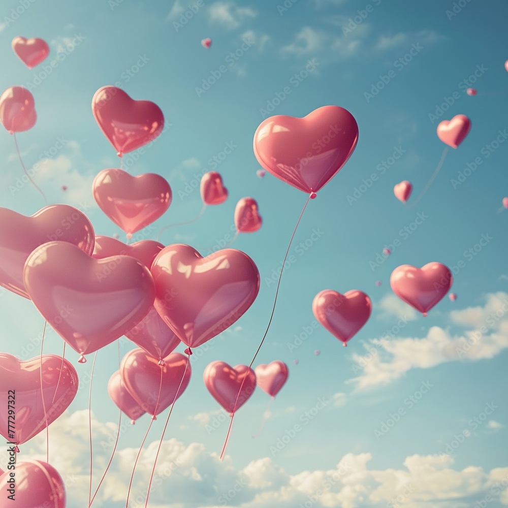 A whimsical scene of heart shaped balloons adorning the sky on Valentines Day
