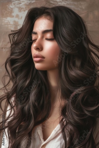 woman with long angular hair blowing out the curls, in the style of rich textures, 