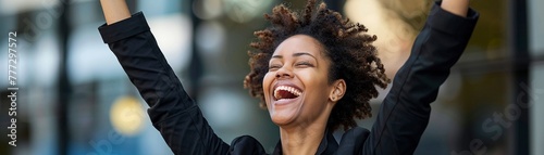 Businesswoman with a bright smile celebrating victory over competition, envisioning future success photo