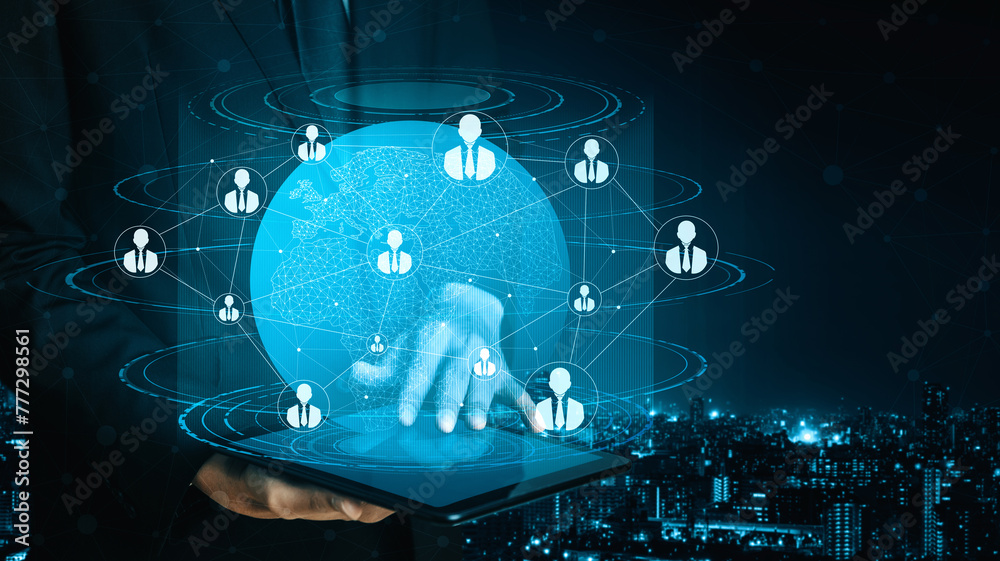 People network and global communication concept. Business people with modern interface of community linking many people around world by social media platform to connect international business. uds - obrazy, fototapety, plakaty 