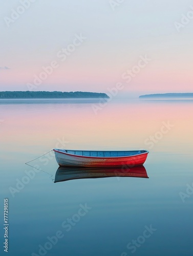Lone boat on calm lake, pastel sunrise, clear day, high angle, peaceful