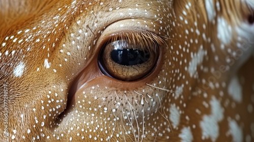 A close up of a brown spotted deer's eye with white spots, AI photo