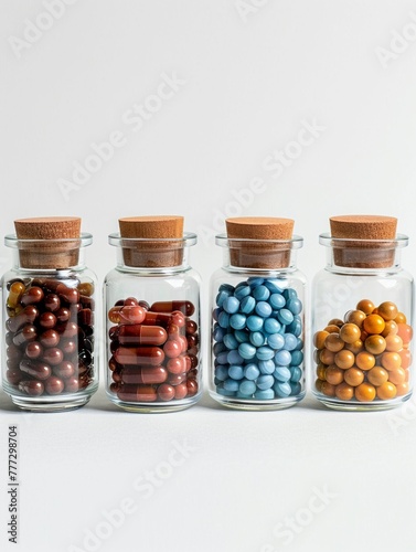 Set of tablets in glass bottles capsules on a white background Pharmacy bottle pill medicine, drug concept