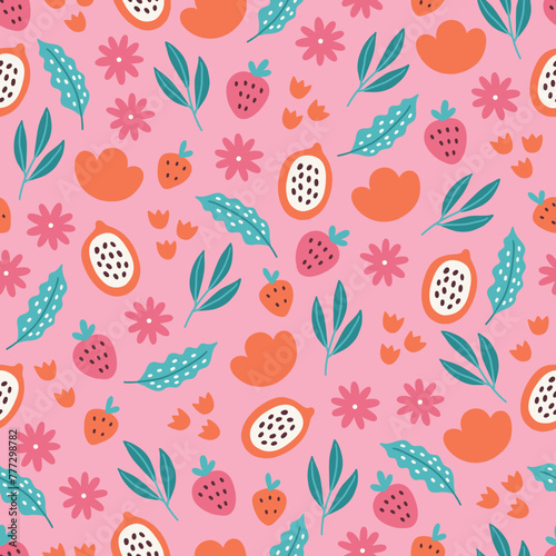 Summer seamless pattern with strawberries, flowers, leaves, dragon fruit