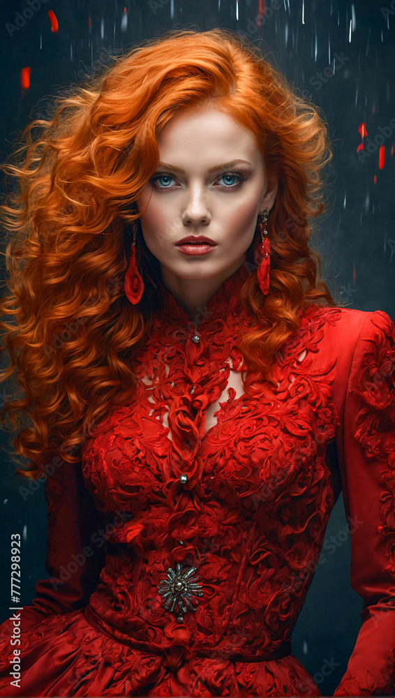 stunning woman with red cascading curls dressed in red elegant dress with eyes that command attention on a dark background