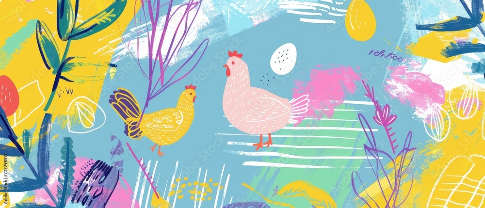 Cute modern background with hen birds and eggs in linear form. It can be used as wrapping paper, wallpaper, textile, or fabric.