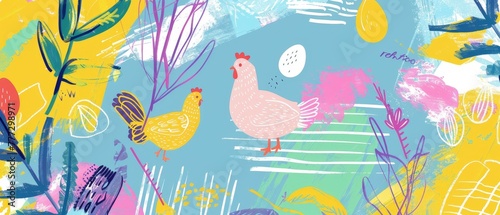 Cute modern background with hen birds and eggs in linear form. It can be used as wrapping paper  wallpaper  textile  or fabric.