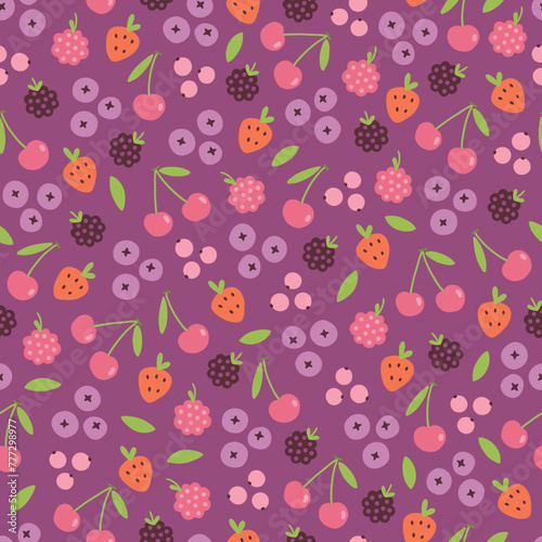 Summer seamless pattern with blueberries, strawberry, raspberries, blackberries and cherry