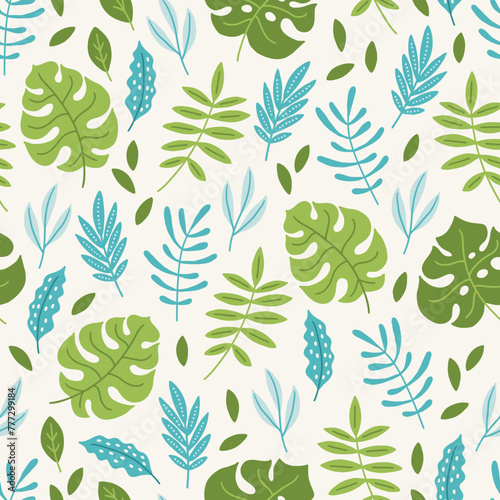 Summer seamless pattern with monstera and palm leaves. Vector illustration