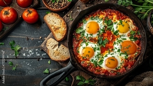 Shakshuka with poached eggs in a skillet
