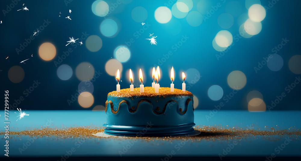 blue background with birthday cake and candles Stock Photo | Adobe Stock
