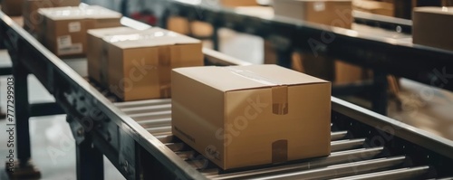 Cardboard box on conveyor belt in in boxes factory. © Milan