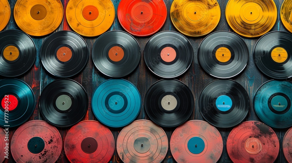 Fototapeta premium Vinyl Records: Capture vintage vinyl records and record players, emphasizing retro and nostalgic vibes 