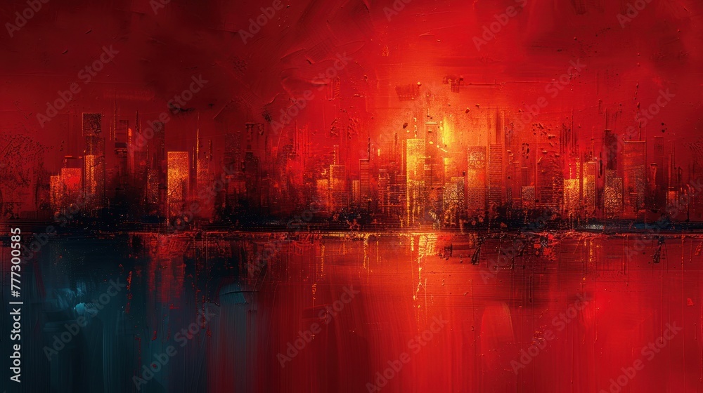 A painting depicting a city at night illuminated by vibrant red lights