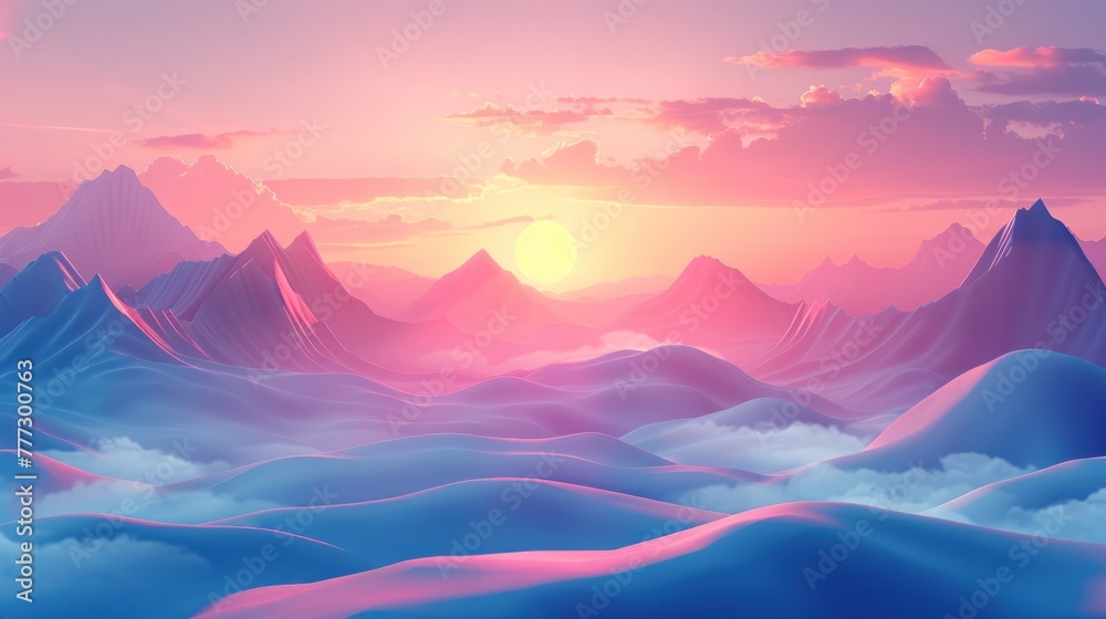 Painting of a vibrant sunset behind a silhouette of towering mountains