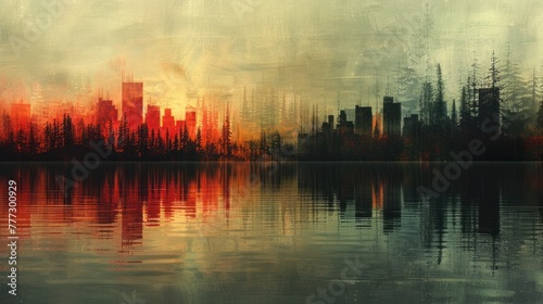 Painting of a city with buildings and towers on the shores of a vast lake © Tetiana