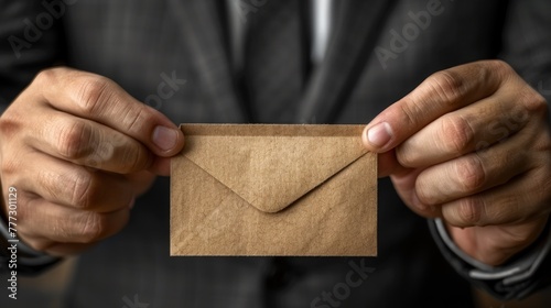 A man in a suit holding a brown envelope