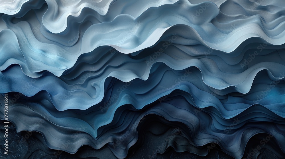 A painting featuring dynamic blue and white waves in an abstract style