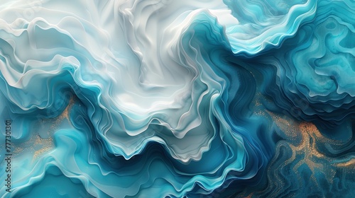Abstract painting featuring vibrant blue and white waves in dynamic movement