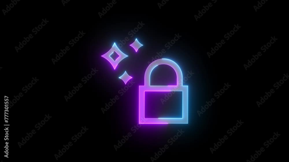 Neon dynamic lock icon cyan purple color glowing animated black background