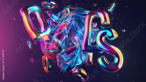 Liquid Holographic Typeface Design. Fashionable font with iridescent effect. 26 letters, 10 numbers, 28 punctuation marks, 4 currency symbols included. photo