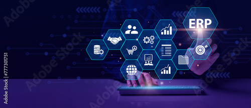 ERP, Enterprise resource planning system software business technology concept. Businessman touch word ERP on virtual screen in office blur background. Document management for ERP. Modern technology .