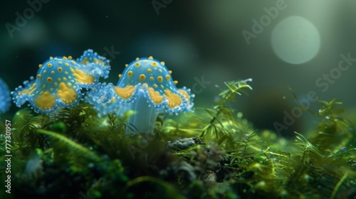 Two blue and yellow mushrooms growing in a green mossy area  AI