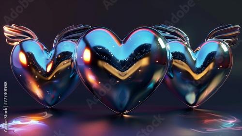 Render 3d silver hearts with galaxy planet, stars, fire flame, angel wings, melting, love text, and glossy effect. 3d modern illustration of y2k hearts.