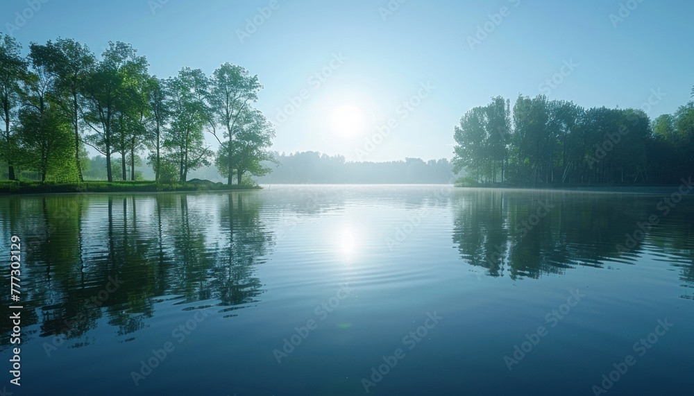 A sunny day scene showing a body of water surrounded by lush trees
