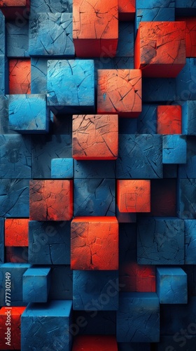A blue and red abstract background featuring overlapping squares in various shades