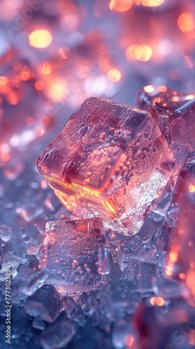 Close up view of ice cubes resting on a table surface