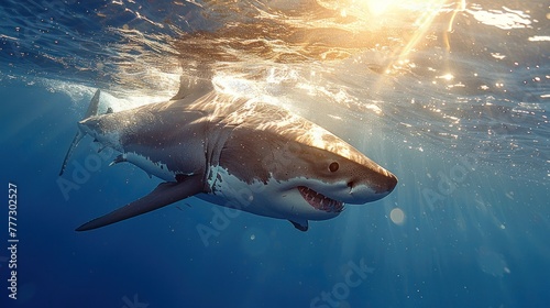 A great white shark gracefully swims through the clear ocean waters © Tetiana