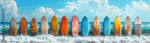 Surfs Up, Waves ready for surfing, with surfboards lined up on the beach, summer background