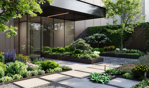 Modern building entrance with lush green plants and flowers photo
