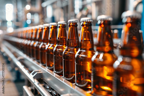 Brown beer bottles on the conveyor belt in the brewery