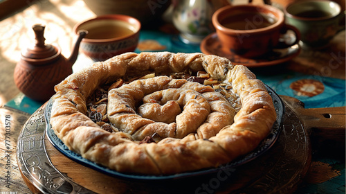 Mhanncha, Moroccan pastry coiled like a snake. Layers of flaky phyllo filled with almond paste, cinnamon, and orange blossom water. A sweet, aromatic spiral of indulgence.
